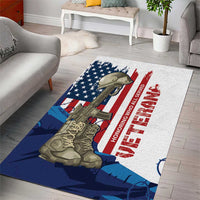 Patriotic area rug with soldier graphic, American flag stars and stripes, red honors text
