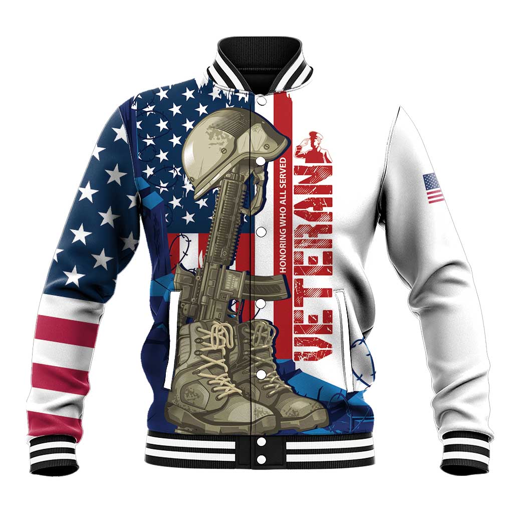 Baseball jacket in white and navy with stars/stripes and military graphic