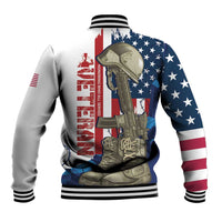 Baseball jacket back with stars, stripes, red vertical text, and soldier gear graphic