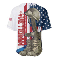 White baseball jersey with patriotic all-over graphic: helmet, rifle, boots, flag stars.