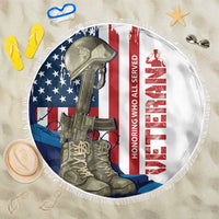 Round beach blanket with fringe edge, white with soldier, rifle, and US flag patriotic graphic