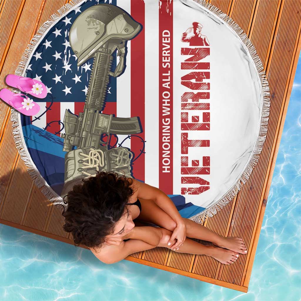 Round beach blanket with fringe edge, white with HONORING WHO ALL SERVED text and soldier rifle design
