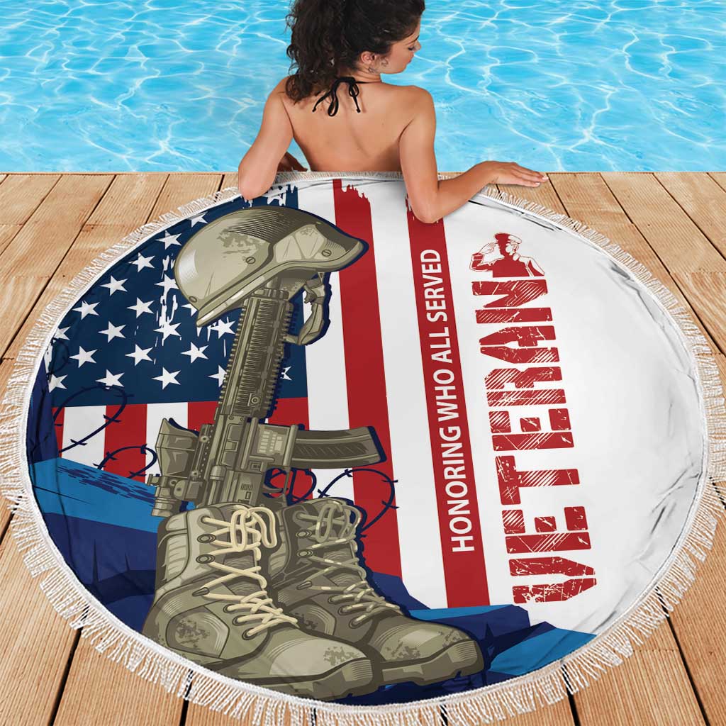 Round beach blanket with fringe edge, white patriotic graphic showing soldier and rifle on US flag