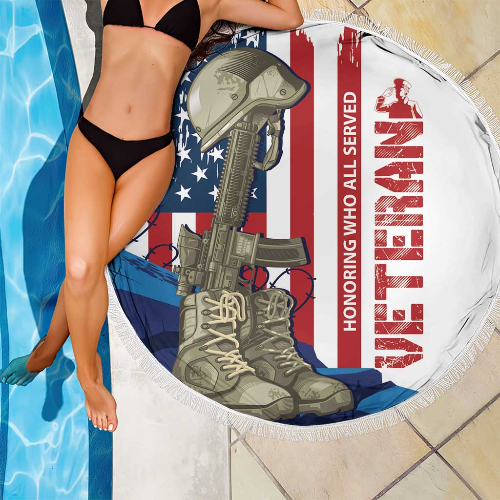 Round beach blanket with fringe edge, white with HONORING WHO ALL SERVED text, soldier rifle US flag artwork