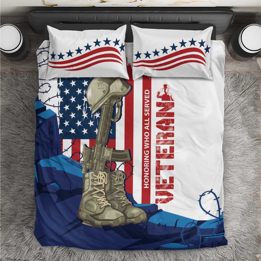 White bedding set with stars-and-stripes flag, army boots, and HONORING text on quilt