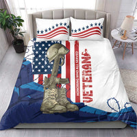 White bedding set with stars-and-stripes flag, boots, and HONORING WHO ALL SERVED text