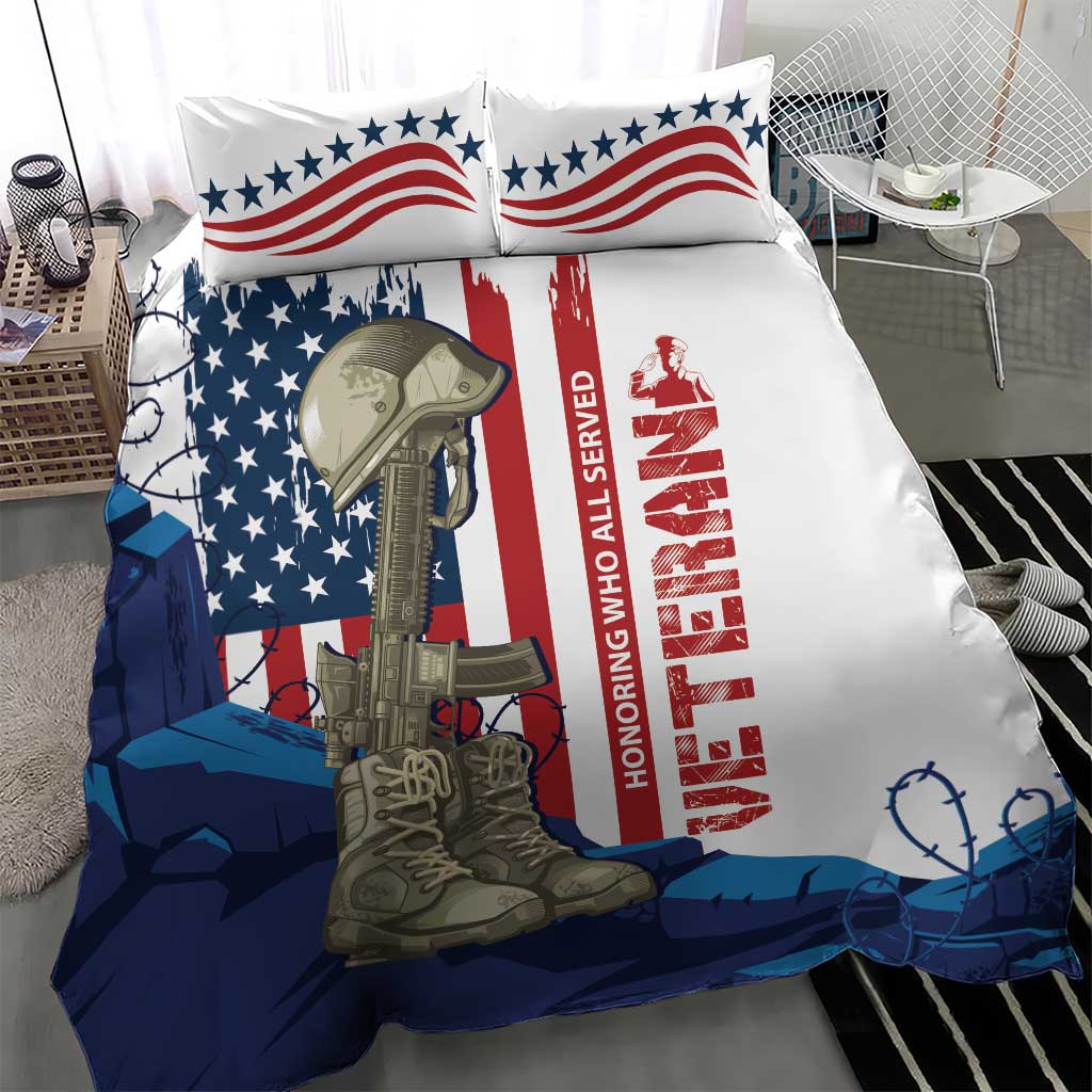 White bedding set with stars-and-stripes, rifle and boots, plus red HONORING WHO ALL SERVED text