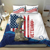 White bedding set with patriotic flag, rifle and boots, and vertical HONORING WHO ALL SERVED text