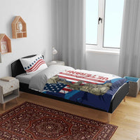 White bedding set featuring stars-and-stripes flag, boots, and rifle graphic on duvet