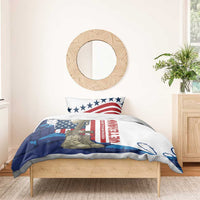 White bedding set with patriotic stars-and-stripes flag, boots, and rifle graphic on duvet
