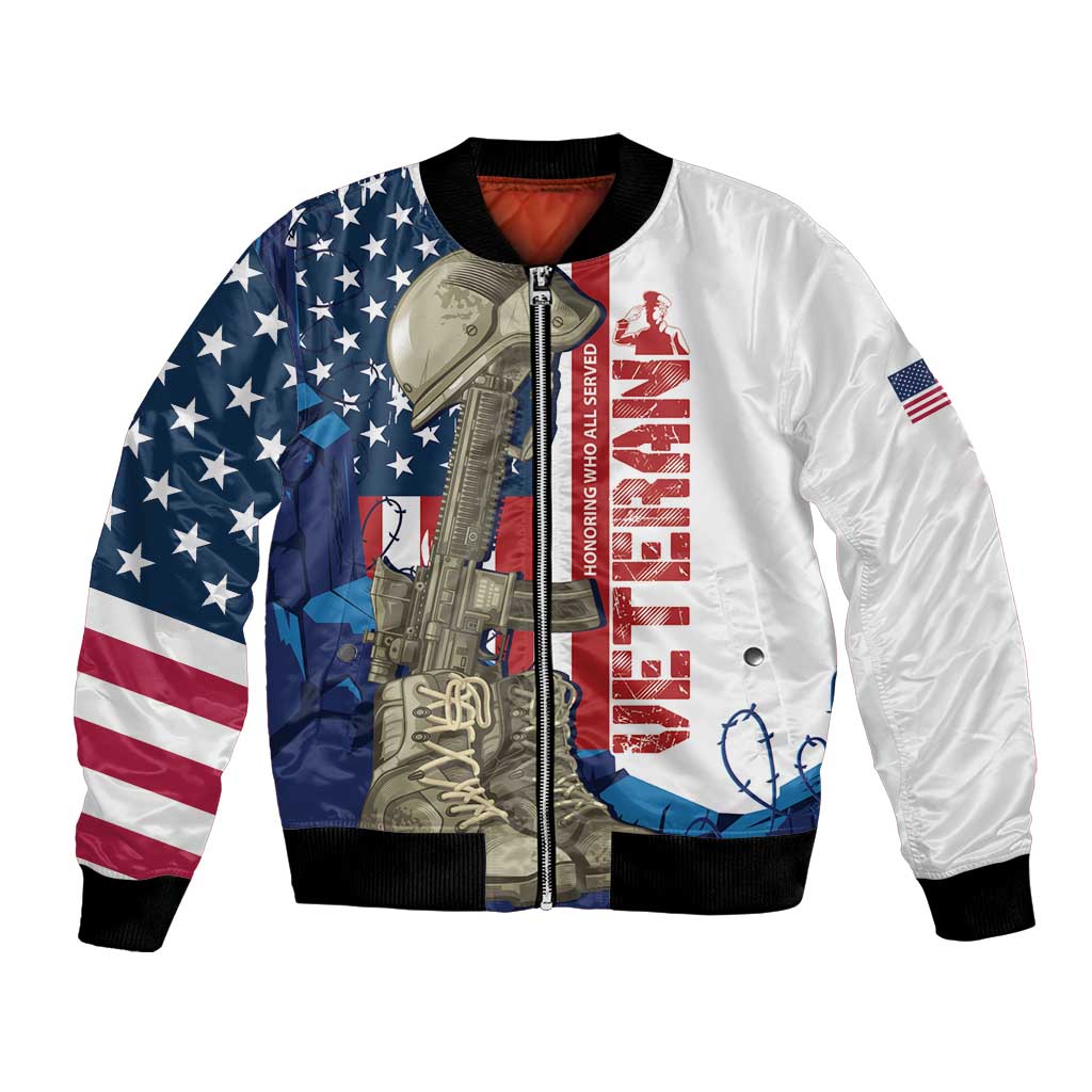 White unisex bomber jacket with zipper, black ribbed cuffs, patriotic patch graphics