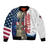 White unisex bomber jacket with zipper, black ribbed cuffs, patriotic patch graphics