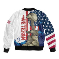 Unisex white bomber jacket, black ribbed collar and cuffs, patriotic flag sleeves, front art