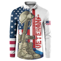 Patriotic graphic sweatshirt with flag sleeves and large soldier boot print on front
