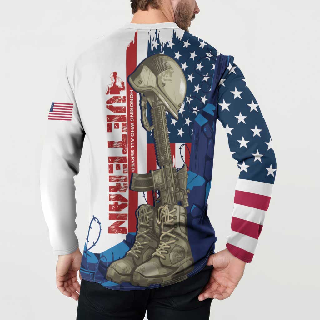 Back-view patriotic graphic sweatshirt with soldier rifle and boot illustration