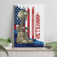 Canvas wall art showing soldier helmet and boots with U.S. flag and 'HONOR ALL SERVED'