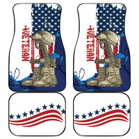 Veterans Day car mats set with soldier, stars-and-stripes flag design, blue and white border
