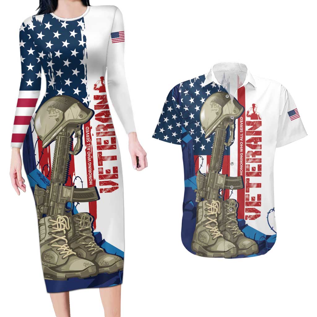 Happy Veterans Day Couples Matching Long Sleeve Bodycon Dress and Hawaiian Shirt Honoring All Who Served - Wonder Print Shop