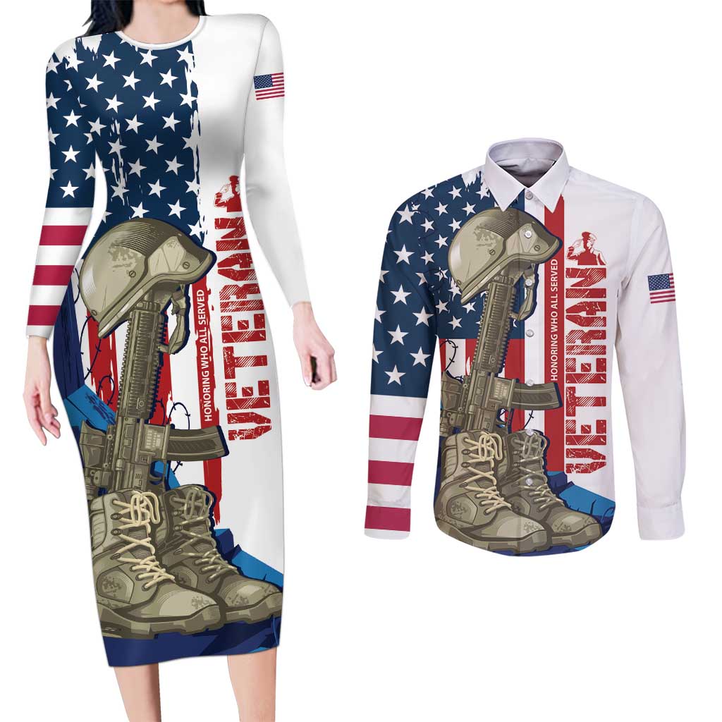 Happy Veterans Day Couples Matching Long Sleeve Bodycon Dress and Long Sleeve Button Shirt Honoring All Who Served - Wonder Print Shop