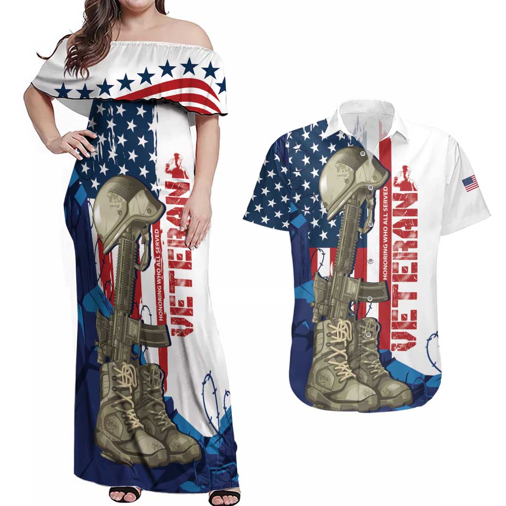 Happy Veterans Day Couples Matching Off Shoulder Maxi Dress and Hawaiian Shirt Honoring All Who Served - Wonder Print Shop