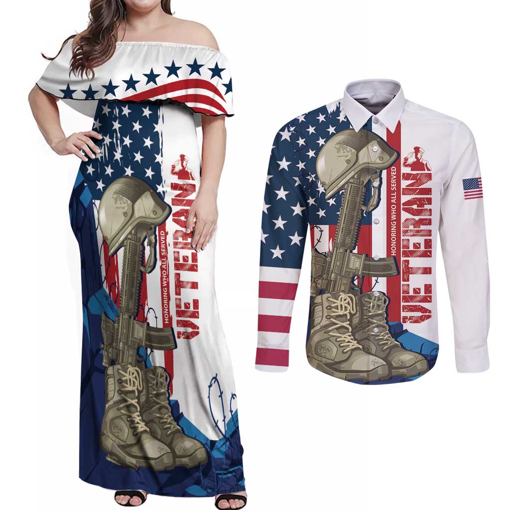 Happy Veterans Day Couples Matching Off Shoulder Maxi Dress and Long Sleeve Button Shirt Honoring All Who Served - Wonder Print Shop