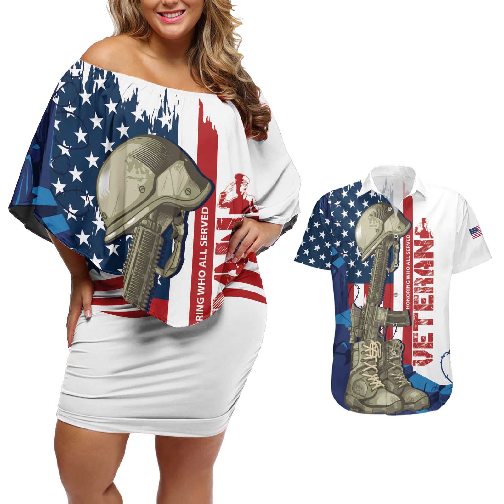 Happy Veterans Day Couples Matching Off Shoulder Short Dress and Hawaiian Shirt Honoring All Who Served - Wonder Print Shop