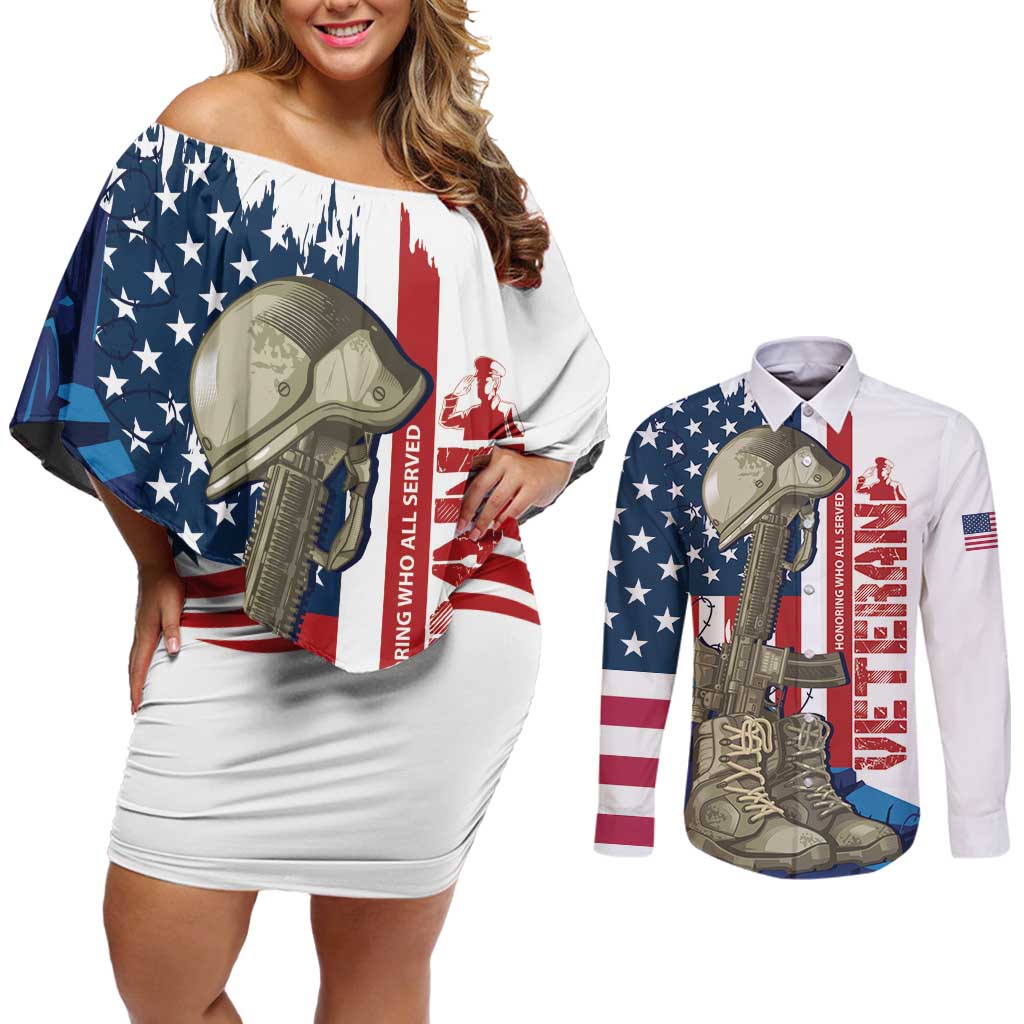 Happy Veterans Day Couples Matching Off Shoulder Short Dress and Long Sleeve Button Shirt Honoring All Who Served - Wonder Print Shop