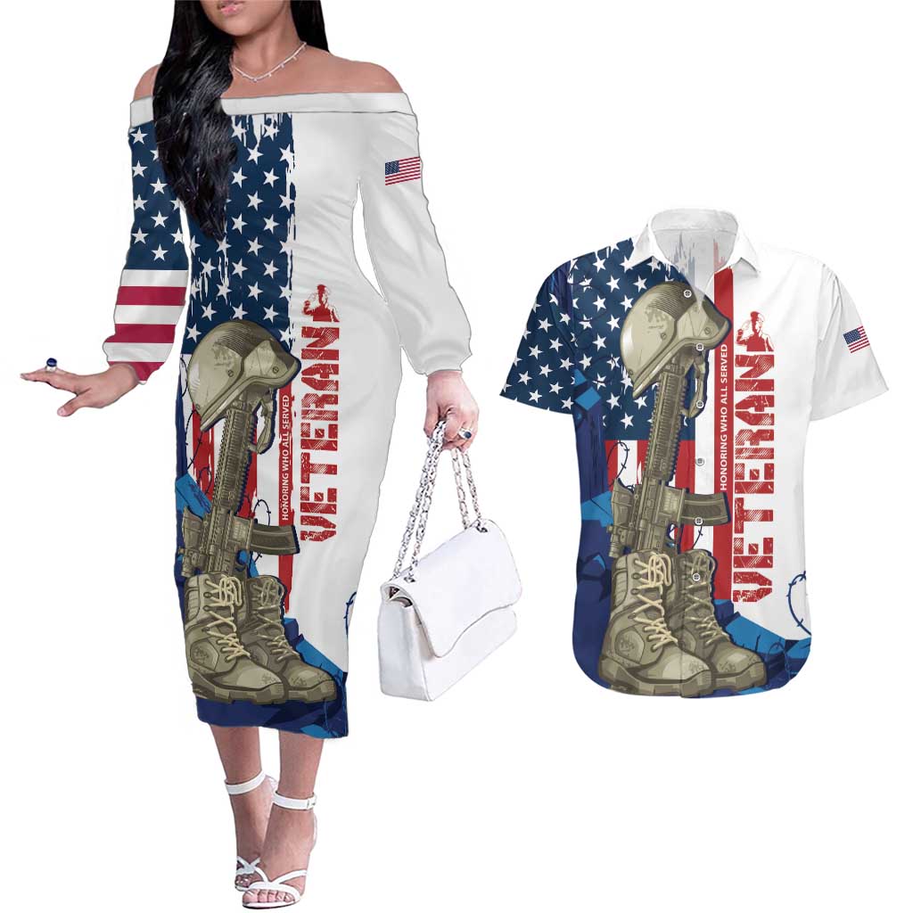 Happy Veterans Day Couples Matching Off The Shoulder Long Sleeve Dress and Hawaiian Shirt Honoring All Who Served - Wonder Print Shop