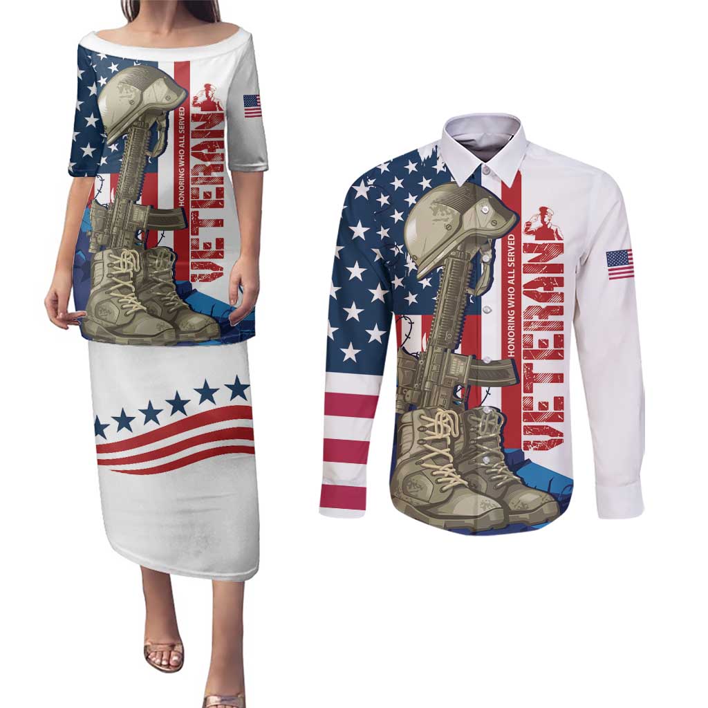 Happy Veterans Day Couples Matching Puletasi and Long Sleeve Button Shirt Honoring All Who Served - Wonder Print Shop