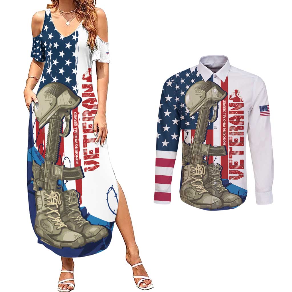 Happy Veterans Day Couples Matching Summer Maxi Dress and Long Sleeve Button Shirt Honoring All Who Served - Wonder Print Shop