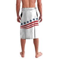 White lavalava with American flag stars and stripes print, knee-length wrap skirt