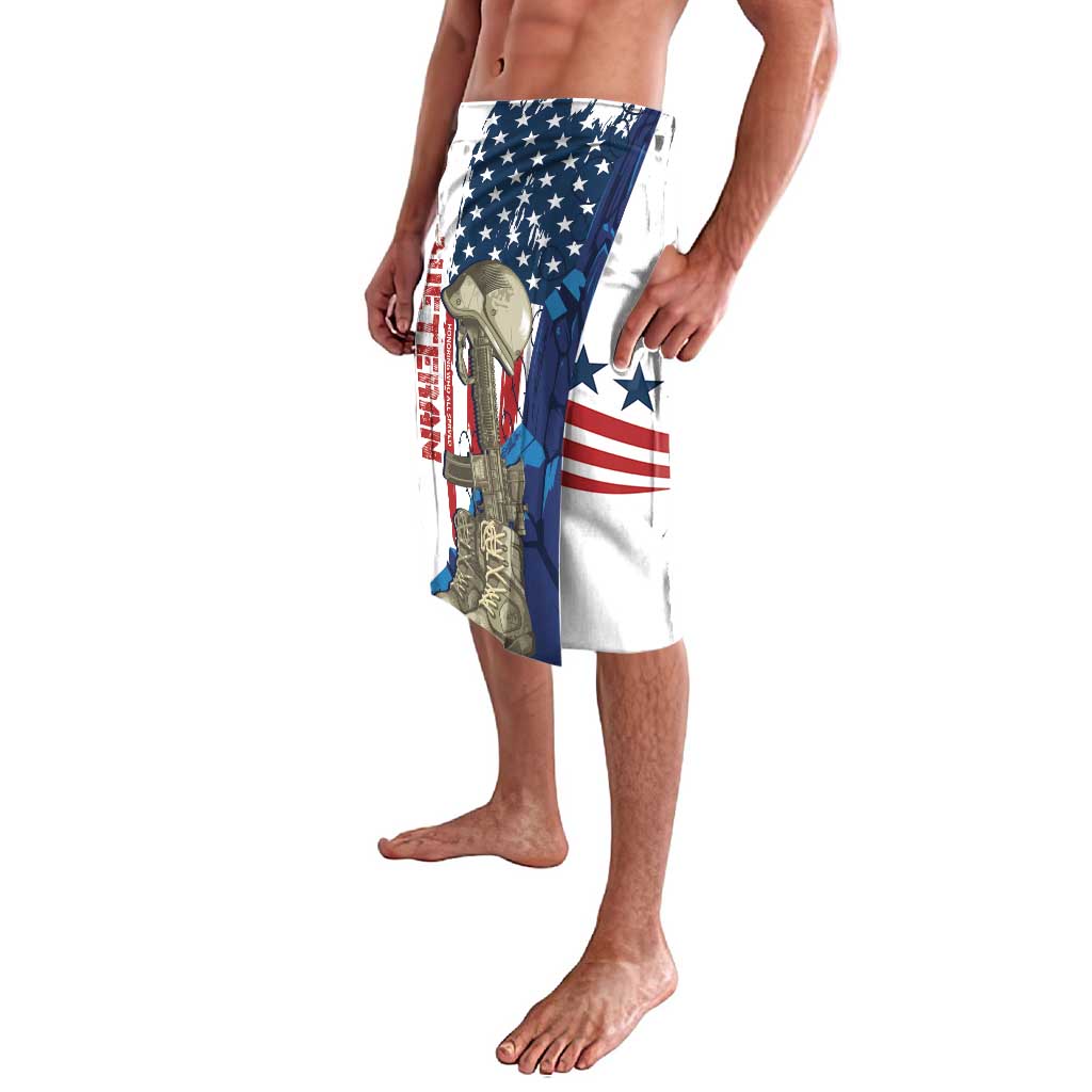 White lavalava with American flag stars and boots graphic, draped side view