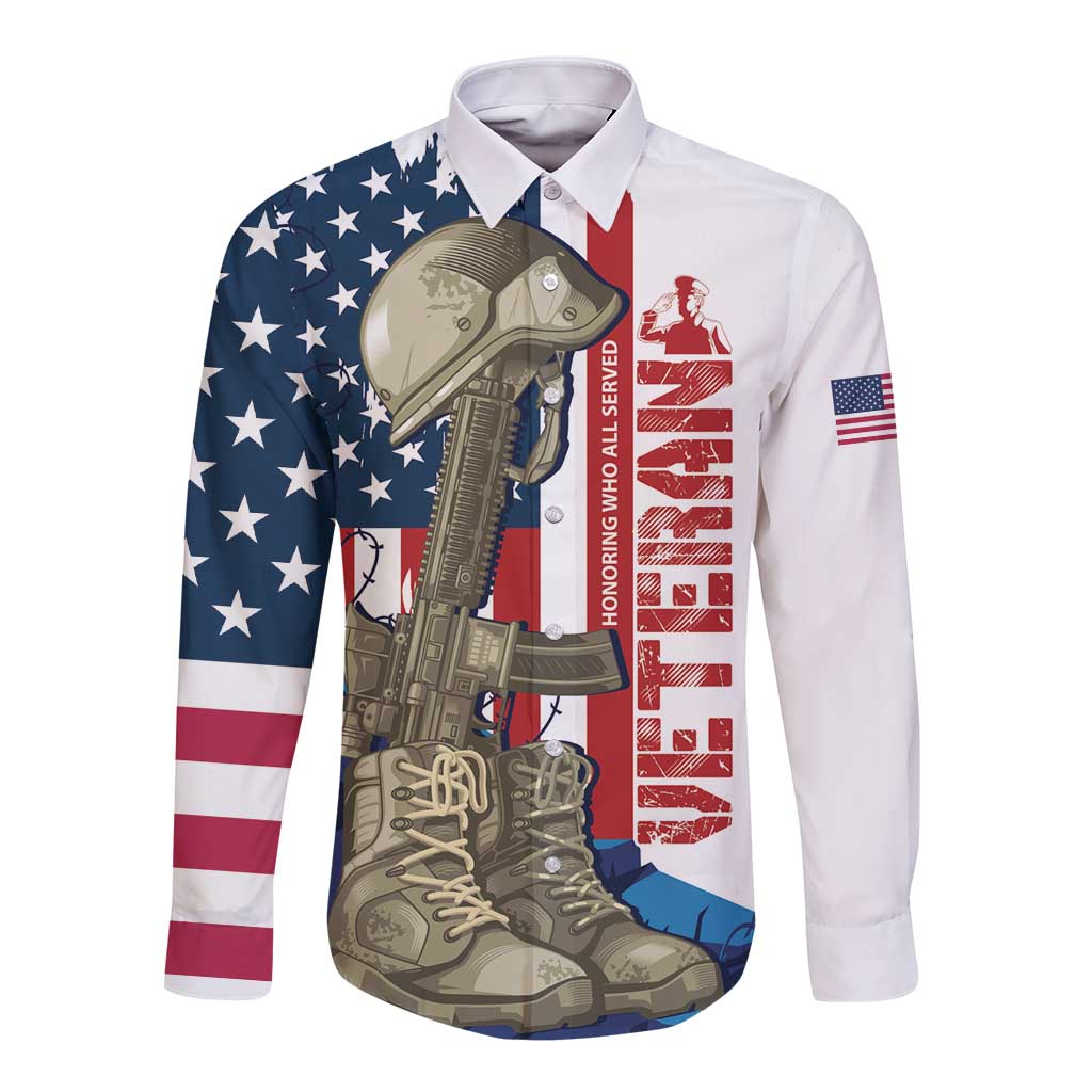 Long-sleeve button shirt, white with star-spangled sleeves and soldier boots graphic