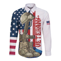 Long-sleeve button shirt, white with star-spangled sleeves and soldier boots graphic