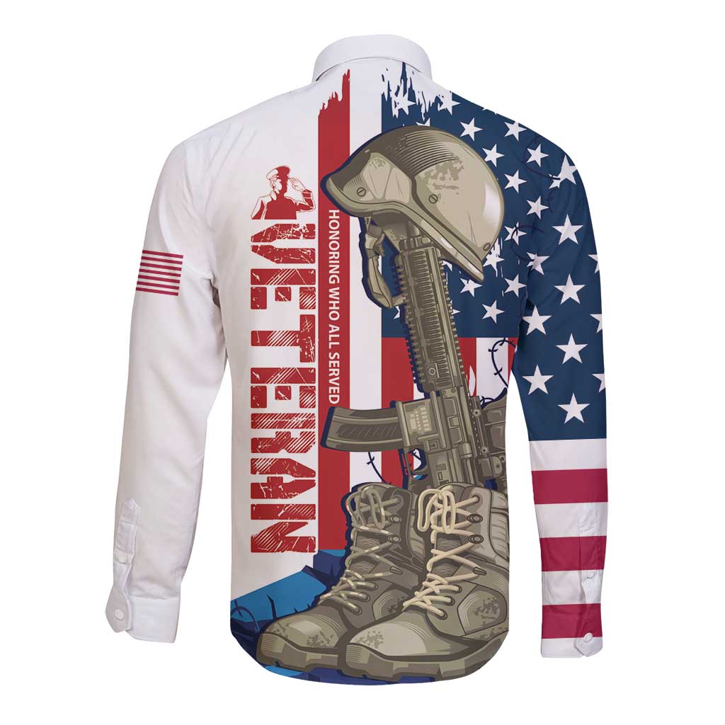 Long-sleeve button shirt, white with patriotic flag back and military rifle graphic