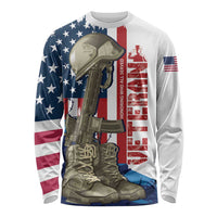 White long-sleeve shirt with veteran graphic: helmet, rifle, boots, US flag