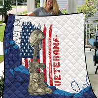 Veterans Day quilt with soldier graphic, US flag, red text, blue corner and white backing