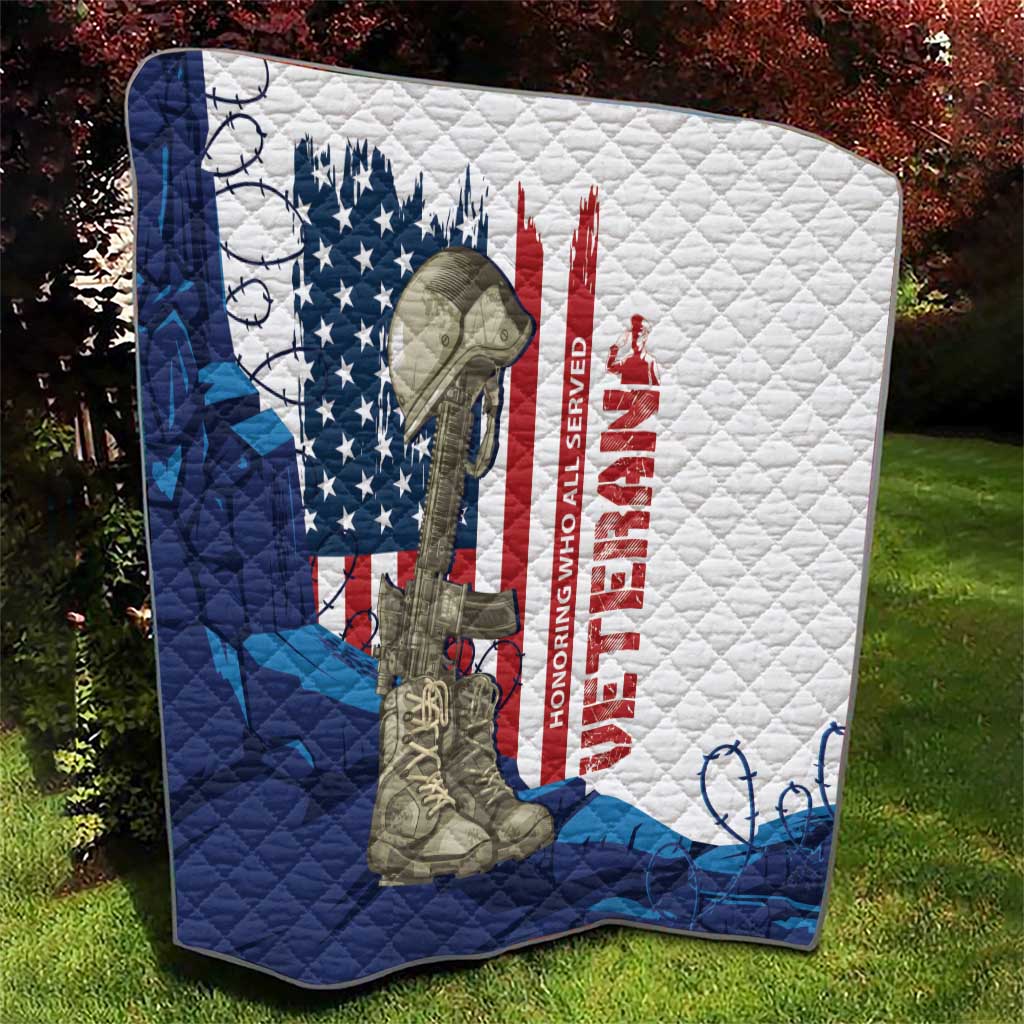 Veterans Day quilt close-up with quilted pattern, soldier figure, US flag and red vertical text
