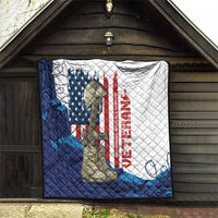Veterans Day quilt hanging on wall with soldier silhouette, US flag, and red memorial text strip