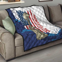 Veterans Day quilt draped over sofa with soldier, US flag stripes, and white plus blue sections