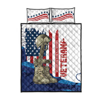 Quilt and pillow set, square quilt with US flag stars and soldier, red text accents