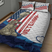Quilt bed set with white quilt, US flag stars and soldier, red HONOR text, blue pattern