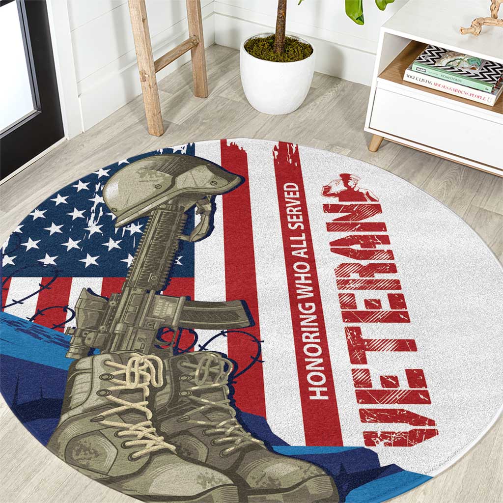Round patriotic rug with soldier and boots over U.S. flag stripes, red vertical HONOR text.
