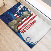 Veterans Day rubber doormat featuring soldier boots on American flag with honoring message