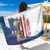 Veterans Day sarong, white with large patriotic flag and boots graphic, held flat