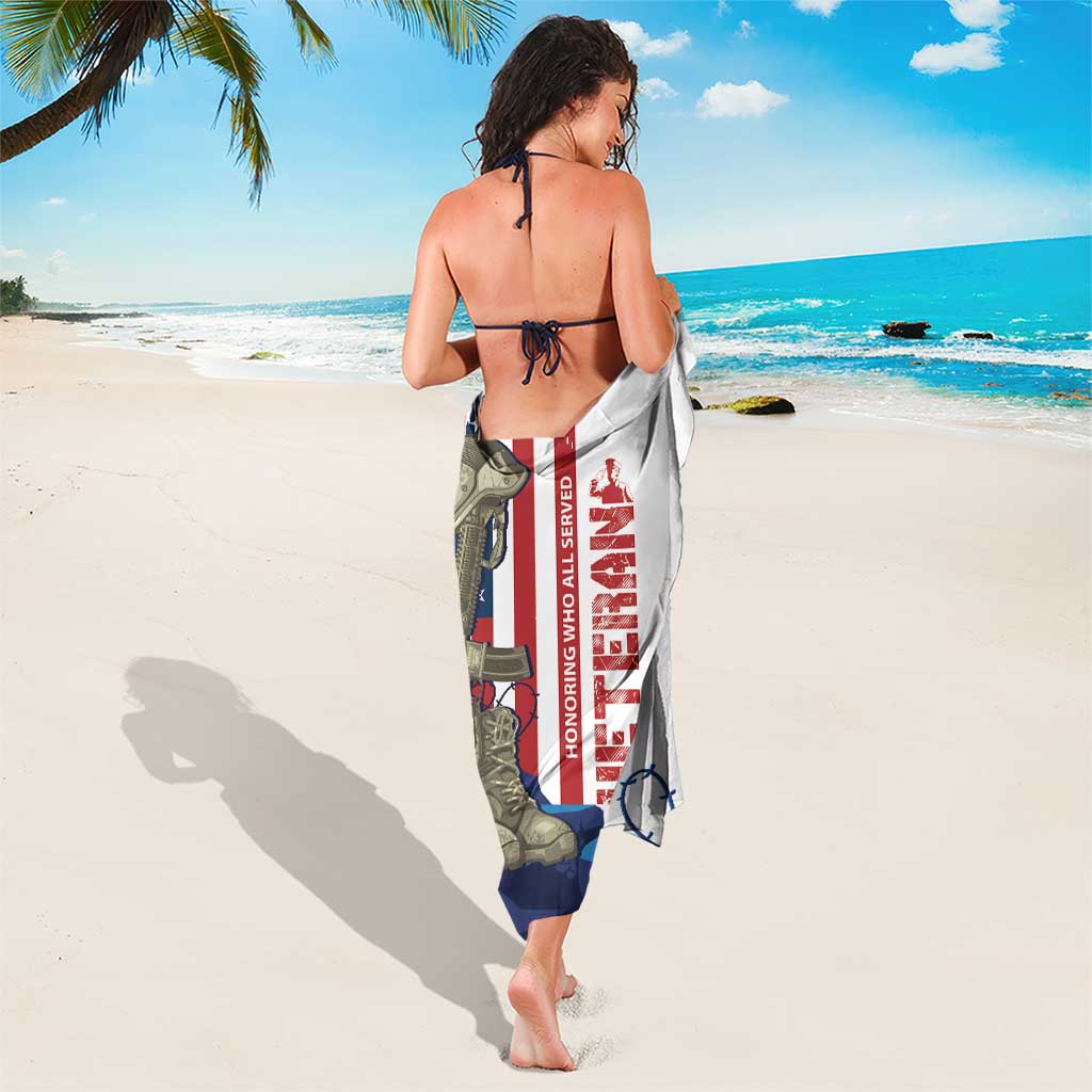 Veterans Day sarong, white with vertical patriotic stars and text, tied around waist (back)