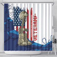Patriotic shower curtain with US flag, rifle, boots, and blue geometric base