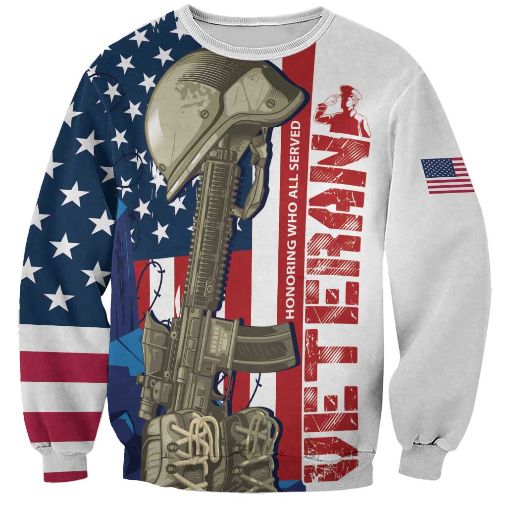 Light gray unisex sweatshirt featuring soldier with rifle over American flag stripes