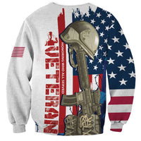 Light gray unisex sweatshirt with soldier holding rifle and American flag graphic
