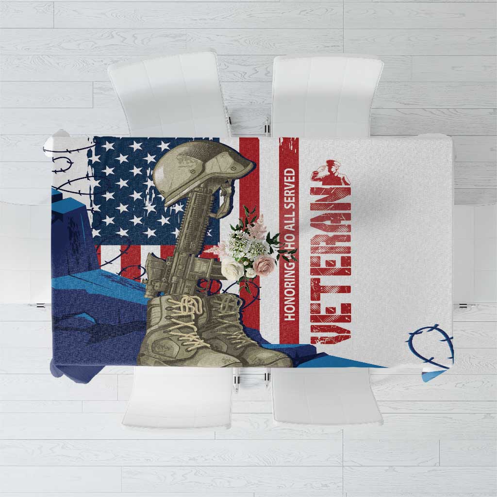 White Veterans Day tablecloth with blue/red service graphic and HONORING ALL WHO SERVED text